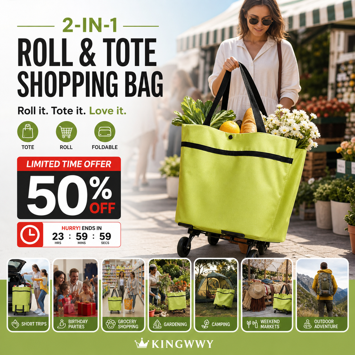 🔥HOT SALE 50% OFF🔥 Foldable 2-in-1 Rolling Shopping Bag – With Luggage-Style Wheels